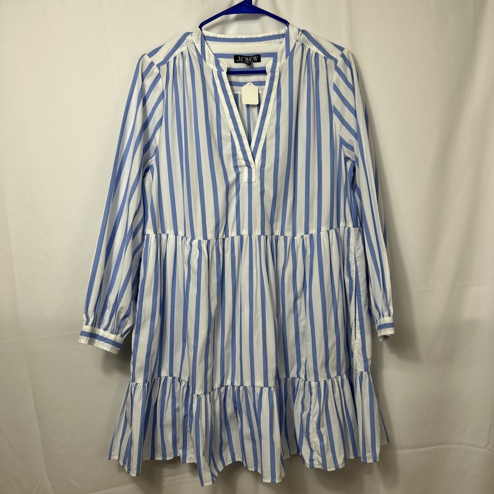 J.Crew Popover Dress Blue White Stripe Cotton Poplin Coastal Grandma Mini Small